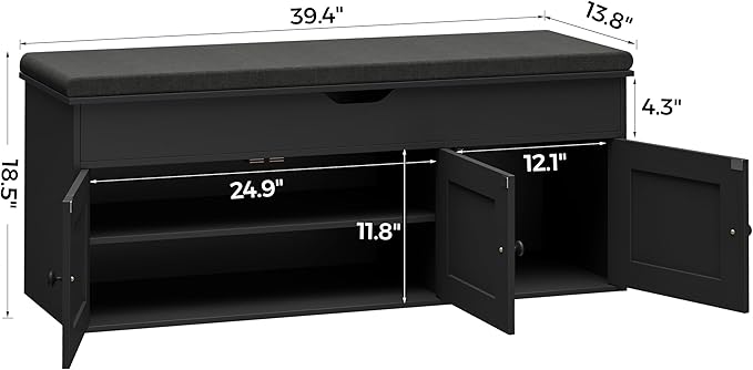 Homleke Shoe Storage Bench with Lift Top & 3 Barn Doors, Entryway Bench with Removable Cushion, Adjustable Shelf, Hidden Storage Cabinet for Hallway, Living Room, Bedroom - Black