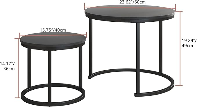 HOJINLINERO Round Coffee Table,Nesting Coffee Table Set of 2,Center Tables for Living Room,Office, Home Small Space,Stacking Side Tables,Sturdy and Easy Assembly,Wood Desktop,Black,Small