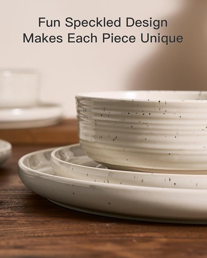 12-Piece Stoneware Dinnerware Set for 4, Flared Plates and Bowls with Reactive Glaze, Speckles & Spirals, Chip & Scratch Resistant Dishes, Dishwasher Safe, Modern Rustic, Shell Beige