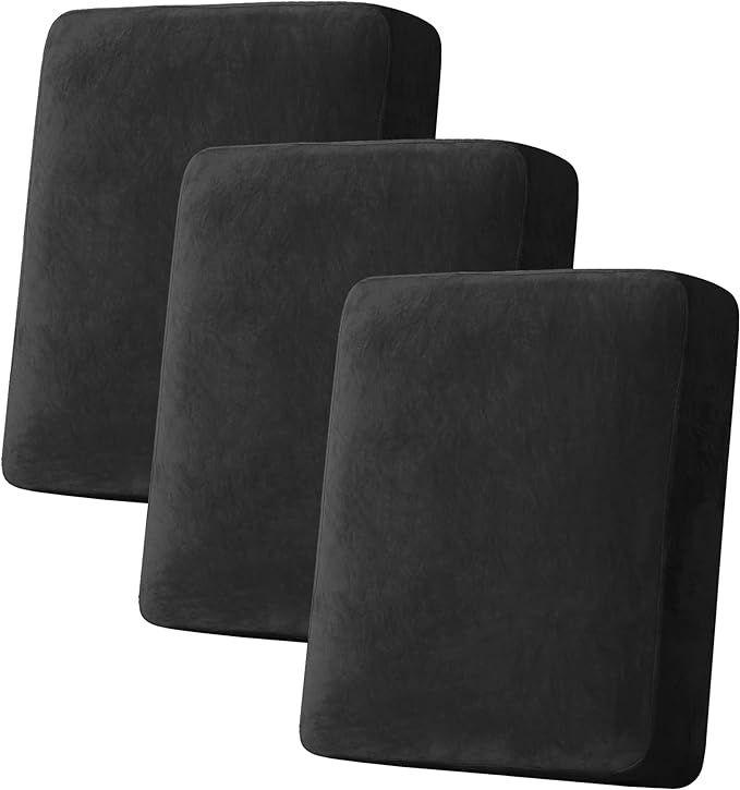 H.VERSAILTEX Velvet Stretch Couch Cushion Cover Plush Cushion Slipcover for Chair Loveseat Sofa Cushion Furniture Protector Seat Cushion Sofa Cover (3 Piece Sofa Cushion Covers, Black)