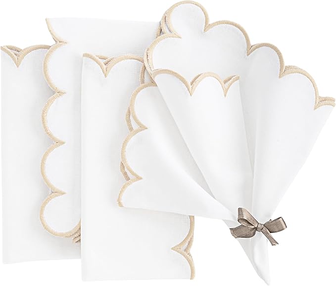 Beige and White Cotton Napkins, White Napkins, 100% Cotton Scalloped Embroidery Dinner Napkin Set of 4, Beige Trim Washable Napkin for Wedding, Dinner & Home Décor 18x18
