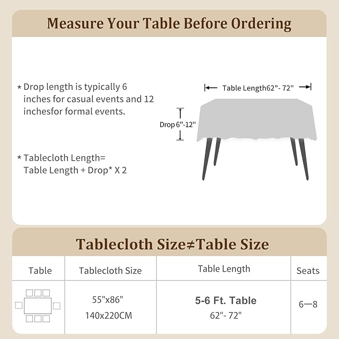 Laolitou Rustic Cotton Linen Table Cloth,Tablecloths for 6 Foot Rectangle Tables,Waterproof Washable Tablecloth with Tassel Rectangle/Oblong, 55''x 86'', 6-8 Seats