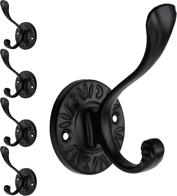 5pcs Black Coat Hooks Wall Mounted Coat Hooks Farmhouse Matte Black Wall Hooks with Screws Metal Matte Black Towel Hooks for Bathrooms Entryway Hooks for Hanging Coats, Keys, Hats, Scarves, Robe, Bags