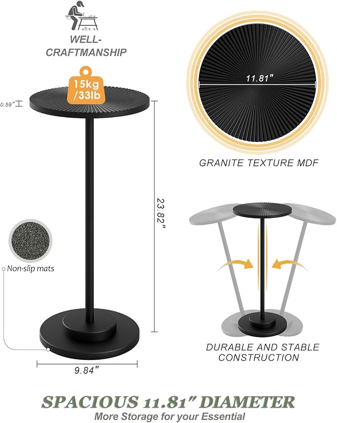 Round Side Table, Small Drink Table for Small Spaces, Modern Accent End Table with Metal Leg for Living Room, Bedroom, Corners, and Office (Black)