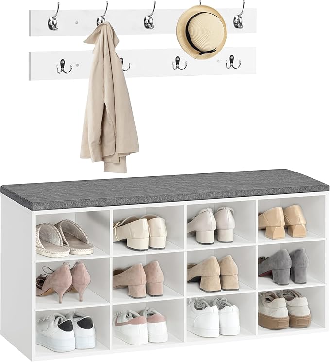 HOOBRO Shoe Storage Bench with Cushion, 39.4" L Entryway Bench with 12 Cubbies, Entryway Hall Tree with Storage, Cubby Shoe Rack Bench with Coat Rack for Hallway, Holds up to 330 lb, White WT112HX01
