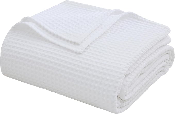 100% Egyptian Cotton Waffle Weave Throw Blanket for Bed Couch Sofa Home Decor, Soft Lightweight Bed & Couch Blanket for All Seasons (White - Throw Size - 50 * 60")