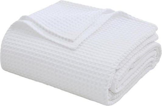 100% Egyptian Cotton Waffle Weave Throw Blanket for Bed Couch Sofa Home Decor, Soft Lightweight Bed & Couch Blanket for All Seasons (White - Throw Size - 50 * 60")