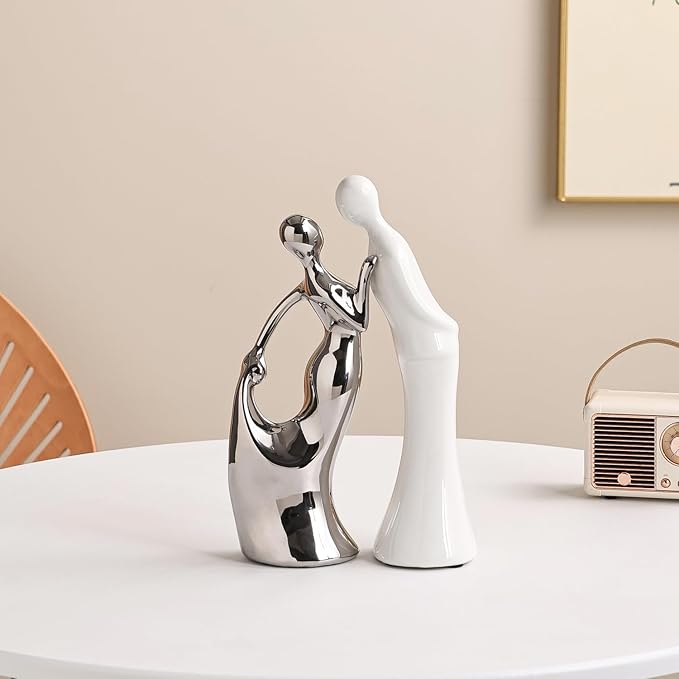 Ceramic Couple Statues Home Decor Lover Sculpture Figurine, Modern Aesthetic Abstract Art Decorative Accent Dining Table Decorations for Living Room Bedroom Bookshelf Table Office (White and Silver)