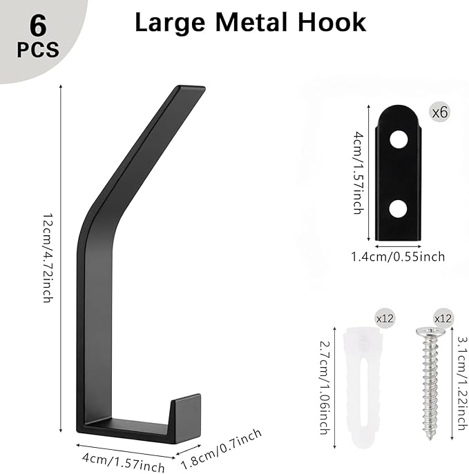 6 Pack Coat Hooks Wall Mount - Heavy Duty Hat Hangers, Large Wall Hooks for Mudroom Entryway Bathroom, Decorative Metal Hook Rack for Hanging Purse, Baseball Cap, Key, Backpack, Towel, Robe (Black)