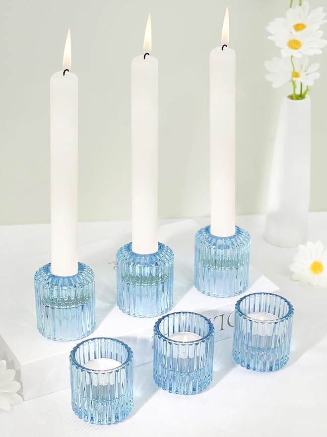 Reversible Blue Glass Candle Holder Set of 6, Thick Heat-Resistant Glass Candlestick Holders for Taper, Tealight, Votive, LED Candles, Perfect for Wedding, Party, Home Décor