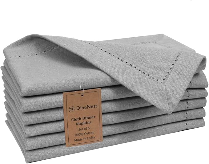 Hemstitch Cloth Dinner Napkins 100% Cotton Set of 6 - for Dining Special Occasions Weddings Parties Holidays Easter - Soft Durable Washable - 18x18 Inch Table Cloth Napkins Light Grey