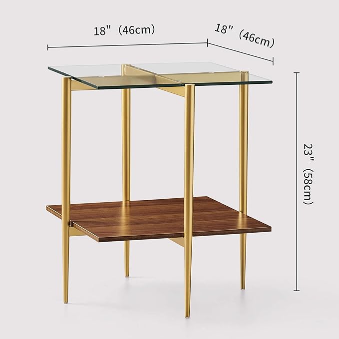 LumFurn Glass End Table, Mid-Century Modern Design Sofa Table, for Living Room, 2-Tier Structure, Clear Glass Top and Walnut MDF Shelf, Sleek Conical Metal Legs with Gold Finish Frame