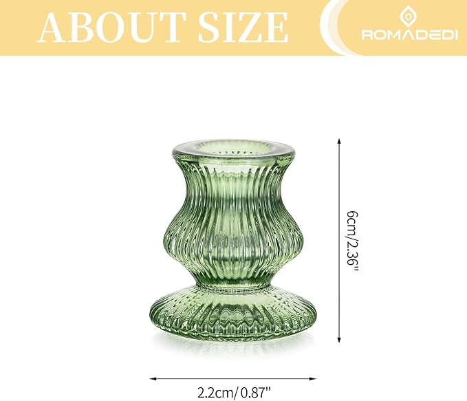 Romadedi Glass Candle Holders for Candlestick - 2 Pcs Green Ribbed Tapered Candle Holder Decor for Table Centerpiece Christmas Party Living Room Dinner Advent