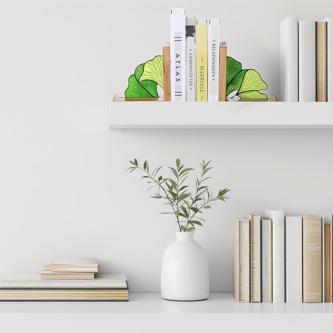 Maitys Ginkgo Leaf Bookends with Oak Wood Base Stained Glass Novelty Bookends Organizer Cute Book Ends for Shelves Desks Libraries Book Lover Gift (Green)