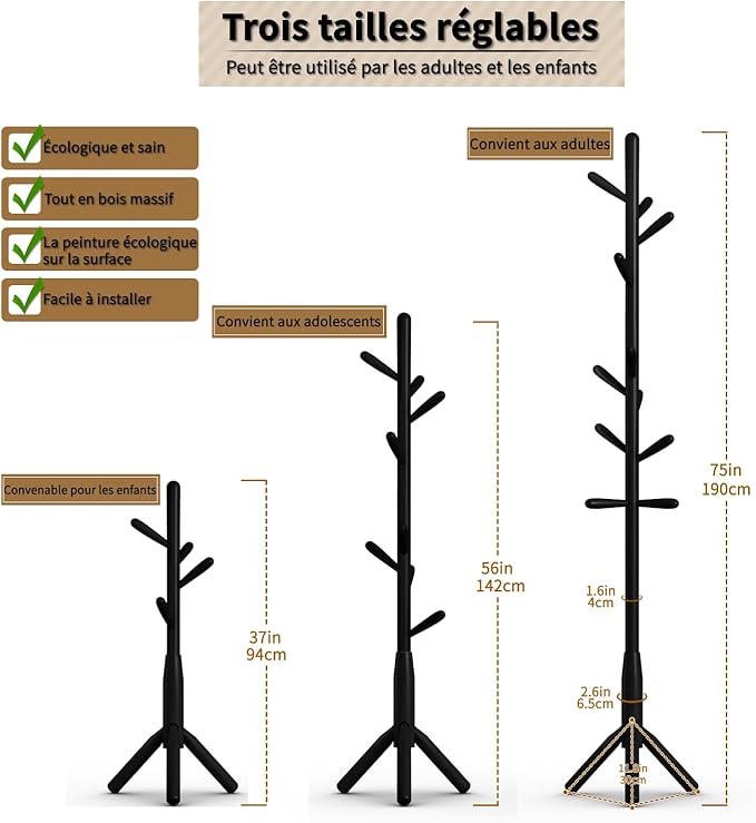 Solid Wood Coat Rack, Freestanding Tree-Shaped Coat Rack with 11 Hooks, Main Pole 1.6" dia for Clothes, Hat Stand Used in Bedroom/Office/Entryway (3-Leg Base, Black)