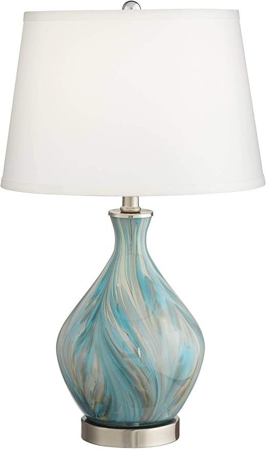360 Lighting Cirrus Coastal Modern Style Accent 3-Way Table Lamp with Table Top Dimmer 22" High Blue Gray Art Glass White Fabric Tapered Drum Shade for Living Room Bedroom Bedside (Color
