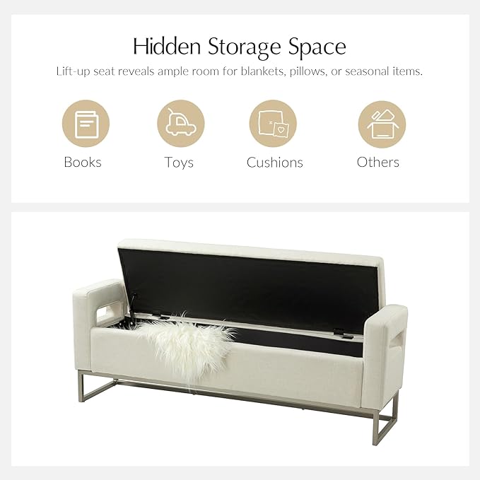 58.4" Ottoman with Storage,Upholstered Entryway Bench for Bedroom and Living Room,End of Bed Bench with Metal Base，Linen