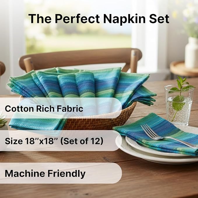 LFH Home Cotton Rich Cloth Salsa Napkin Set of 12 Washable Soft Durable Striped Table Napkins for Dining Wedding Daily Use Reusable Eco-Friendly Fabric Napkins for Elegant Settings(18x18)-Blue Multi