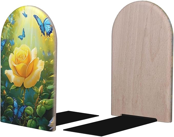 Yellow Rose Butterflies Wood Book Ends for Shelves, Non-Skid Bookends for Office, Library, and Home Decor, 1 Pair