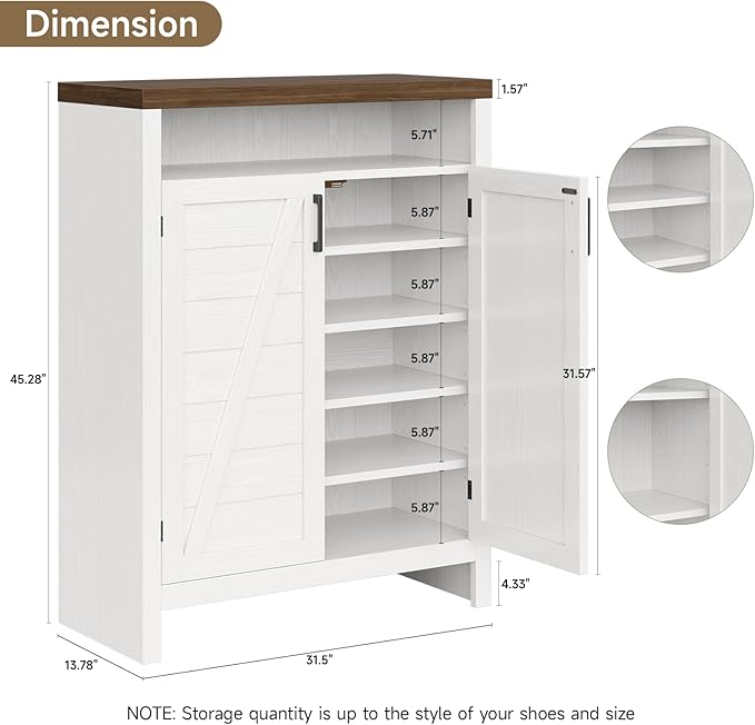 ONBRILL 6-Tier Shoe Cabinet with Doors, Farmhouse Shoe Storage Cabinet with Adjustable Shelves, Large Capacity Wooden Shoe Rack Organizer for Entryway, Closet, Hallway, Living Room, White