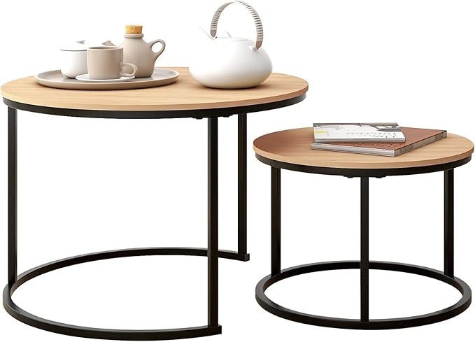 HOJINLINERO Round Coffee Table,Nesting Coffee Table Set of 2,Center Tables for Living Room,Office, Home Small Space,Stacking Side Tables,Sturdy and Easy Assembly,Wood Desktop,Black+Teak OAKDK,Large