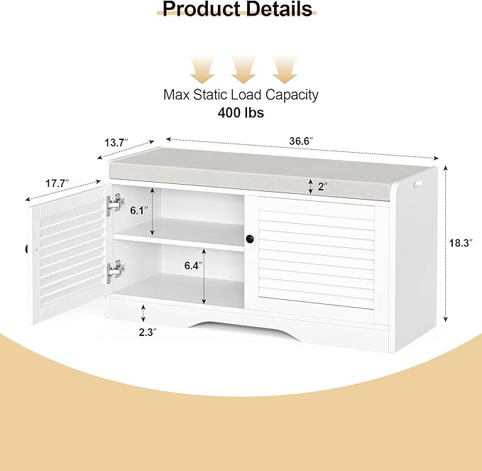 Shoe Storage Bench with Padded Seat Cushion, Classic Louvre Doors Shoe Bench for Entryway, Living Room, Bedroom, 13.7" Dx36.6 Wx18.3 H,White