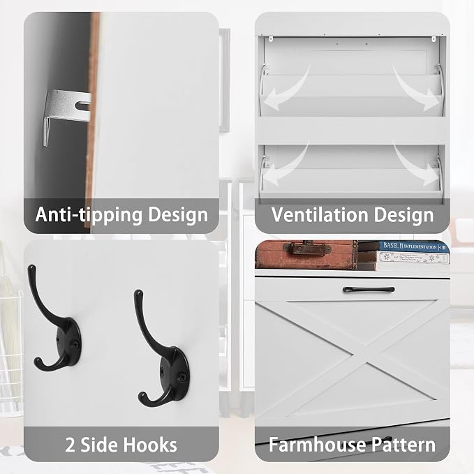 Joaxswe Shoe Cabinet Storage for Entryway with 2 Flip Drawers 2 Hook Open Storage Layer Rack Narrow Organizer Slim Hidden Wood Shoe Cabinet Furniture White