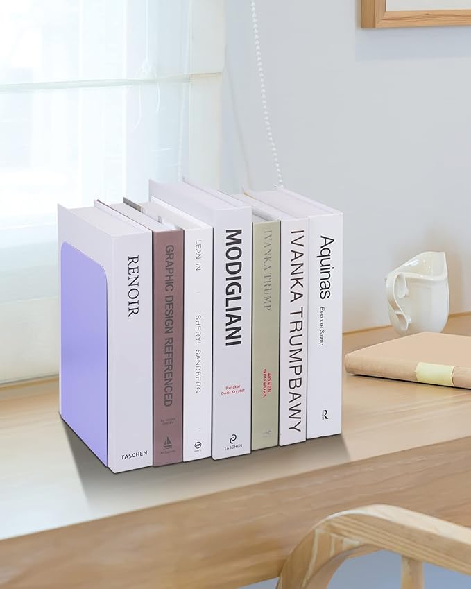 Book Ends, Bookends for Shelves, Home, Office, Metal Book Stopper for Books, Metal Bookend Supports, Modern Minimalist Style Decorative Bookend, Purple (4Pair/8Pcs)