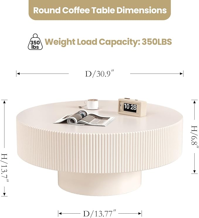Modern Fluted Round Coffee Table - Handcraft Wooden Drum Coffee Tables with Sturdy Base, Circle Coffee Table Center Tea Table for Living Room Office Apartment Small Space, Easy Assembly(White 30.9")