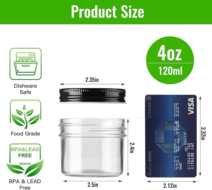 STARSIDE 4 oz Glass Mason jars With Regular Black Lids, 40 Pack 4 oz Canning Jars Containers for Jam, Honey, Candies,Wedding Favors, Decorations. Included 1 Pens and 80 Labels