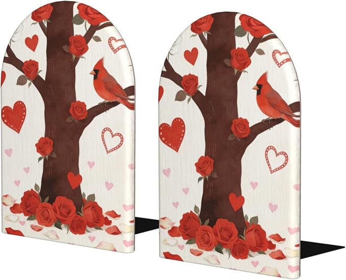 Birds with Red Flowers Trees Hearts 2 Pack Decorative Bookends 6.7x4.2 in, Book Ends for Home Office Library Shelves Decor Room Kitchen Desktop