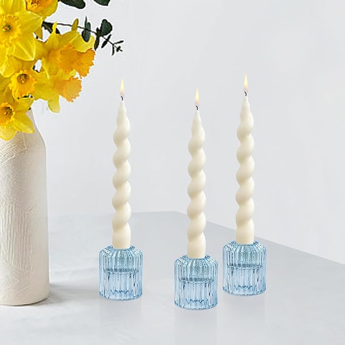 Reversible Blue Glass Candle Holder Set of 6, Thick Heat-Resistant Glass Candlestick Holders for Taper, Tealight, Votive, LED Candles, Perfect for Wedding, Party, Home Décor