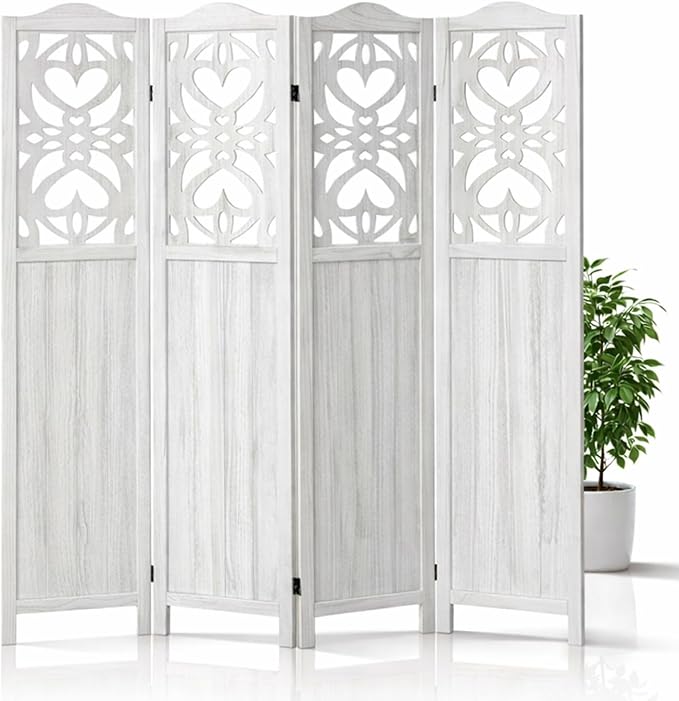 4 Panel Room Divider Fully Assembled, Carved Room Dividers and Folding Screens, 5.6Ft Wood Room Divider Screen Freestanding Partition Wall Dividers for Home Bedroom Office, Rustic White