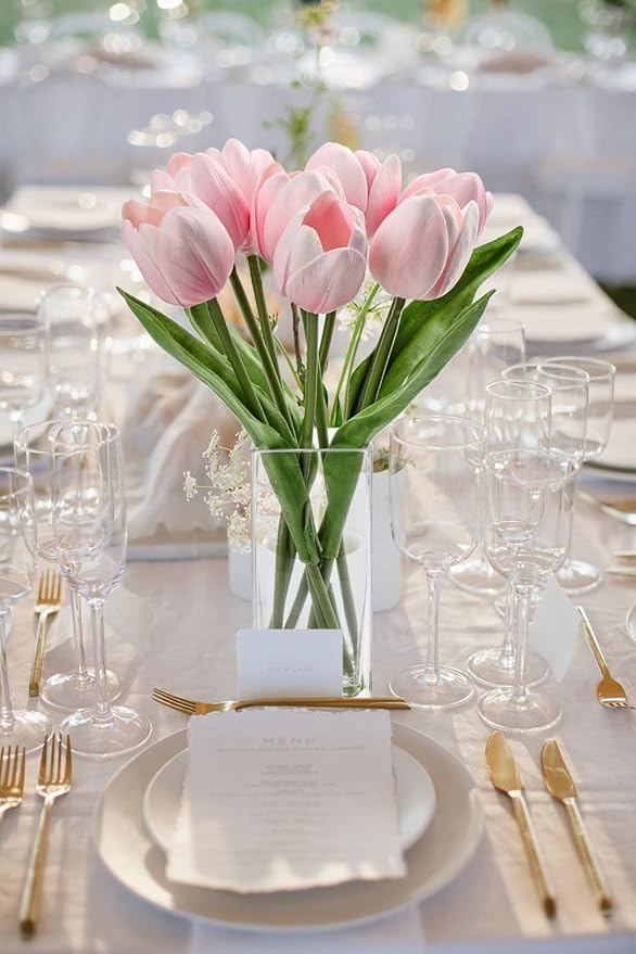 Briful Fake Flowers Artificial Tulip Flower Pink in Clear Vase, Real Touch Foam Tulip Arrangement Suitable for Home Office Decoration, Dining Table Centerpiece