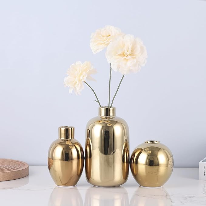 Gold Ceramic Vase Set of 3, Modern Round Circle Electroplated Two-Tone Decorative Vases for Pampas Grass, Dining Table Wedding Centerpiece, Living Room Bedroom Office Bookshelf