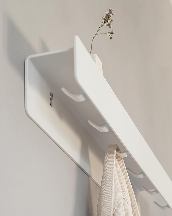 Kazai. Coat Rack Wall Mount 'Kian' | Modern Coat Rack with Hidden Hooks and Shelf | Designer Metal Wall Mounted Clothes Hook | Heavy Duty Entryway Wall Hanger | White