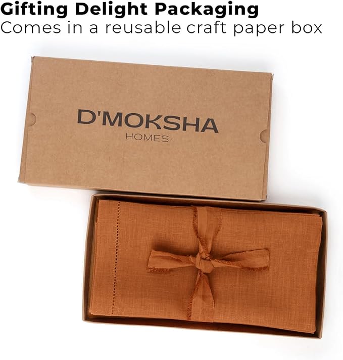 Signature Linen™ by D'Moksha Rust Dinner Napkins Set of 4, 20 x 20 Inch Cloth Napkins, 100% Pure Linen, Hemstitch, Machine Washable Table Napkins- Summer