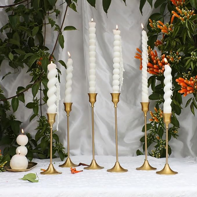 Gold Candle Holder - 6PCS Candlestick Holders Brass Candle Stick Holders, Vintage Decor of LED/Pillar Candle for Wedding Decoration Party Church Mental Dinning Anniversary New House Gift