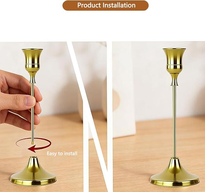 10 Sets Candle Holder Brass Gold Candlestick Holders - HearthLume Vintage Modern Metal Taper Candle Holders, Decorative Centerpiece for Table Mantel, Wedding Kitchen Home Decor, Wedding Gift,30Pcs