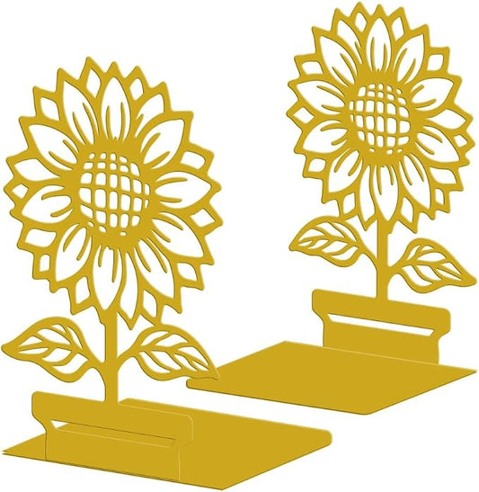 Peacoblue Metal Bookends for Shelves, Modern Decorative Heavy Duty Study Book Ends Stoppers for Office, Desk, Shelf, Room 5.3"x4.3"x7.9" Cast Iron Simple Tall Bookends 1 Pair (Potted Sunflowers)