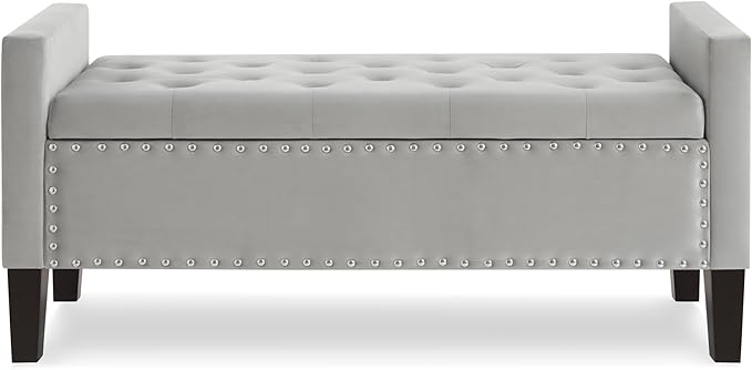 Velvet Modern Upholstered Storage Ottoman Bench with Arms, 48" End of Bed Bench for Entryway, Bedroom, Living Room, Grey