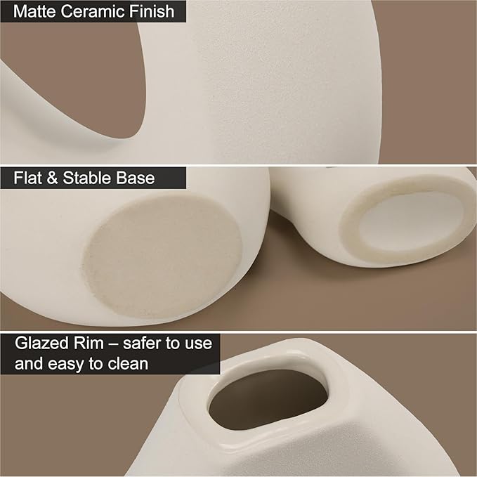 Ceramic Vase Set of 2, Modern Donut Vases for Nordic Minimalist Boho Home Decor, Centerpieces for Dining Tables Living Room Shelf Bookshelf Mantel Entryway Office House