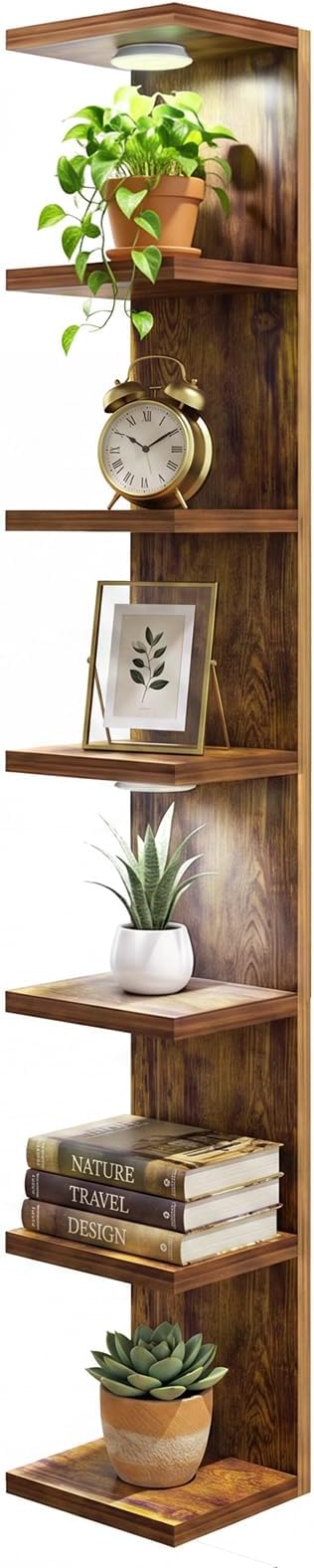 Fixwal 7 Tier Wall Shelf Unit Floating Shelves with LED Lights Lack Wall Shelf for Home Decor Organizer Display Rustic Brown