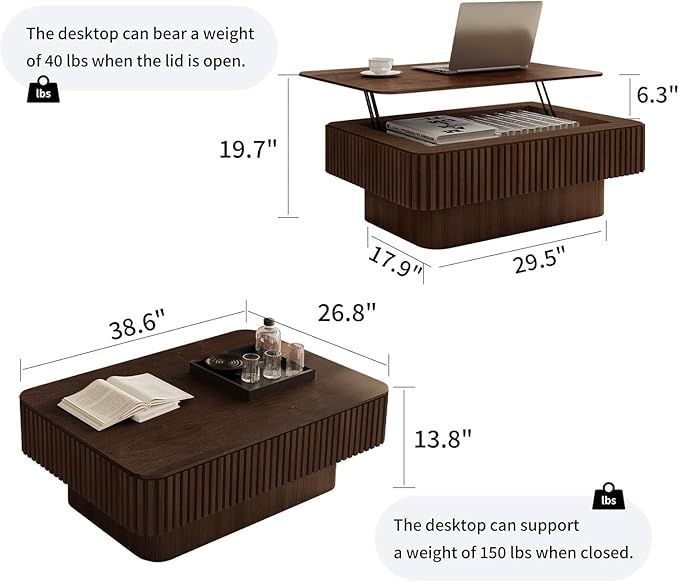 LKTART Lift Top Coffee Table for Living Room, Mid Century Modern Coffee Table with Hidden Storage, Solid Wood Veneered Rectangle Center Tea Table for Small Space Apartment (38.6''L×14''H-Walnut)