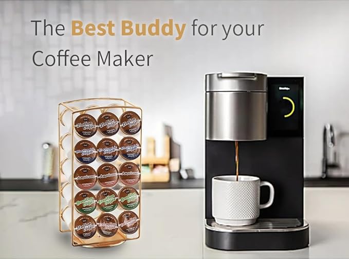 Alessia Cara Tabletop K Cup Holder, Coffee Pod Stand Holder, K-Cups Capsule Storage Rack for 30 pods, 360 degrees rotatable, No Assembly Required, Gold