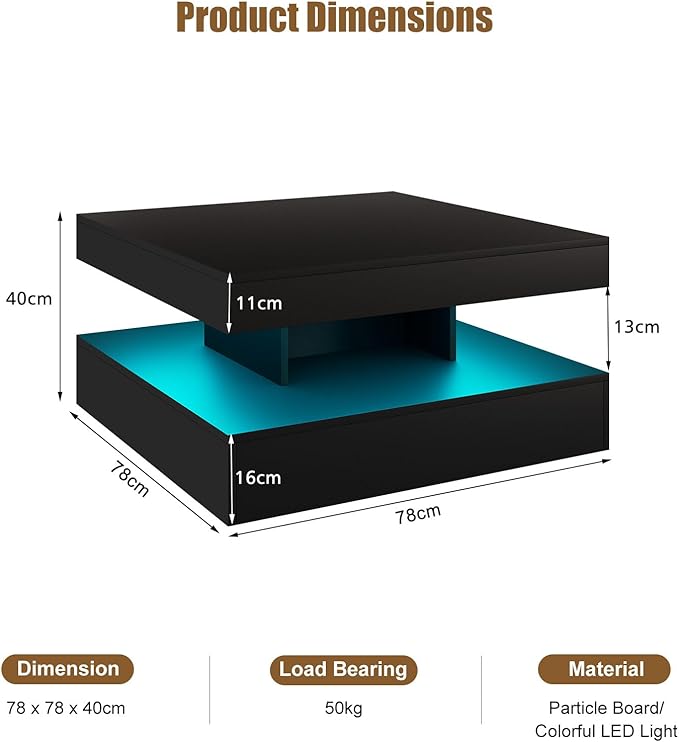 HedoAjim Black LED Coffee Table for Living Room, Living Room Table 2-Tier Square Middle Center Table, Modern Coffee Tables with Storage, Wood Tea Tables for Dining Reception, Skin Feeling
