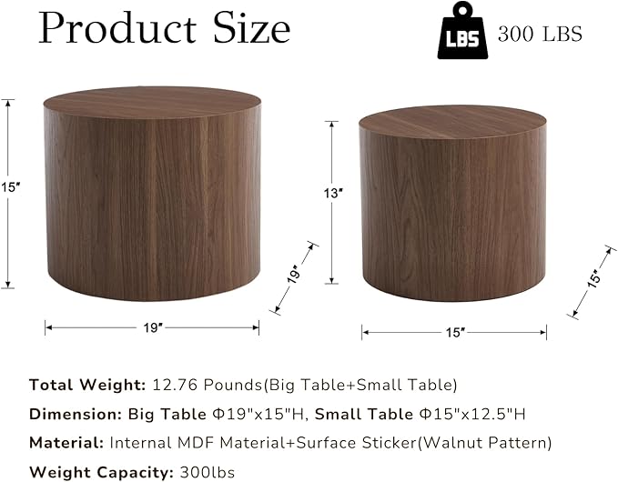 EALSON Nesting Coffee Tables Set of 2 Farmhouse Small Round End Tables Modern Wood Circle Side Table Drum Table for Living Room Small Spaces Bedroom Balcony, No Assembly, Walnut
