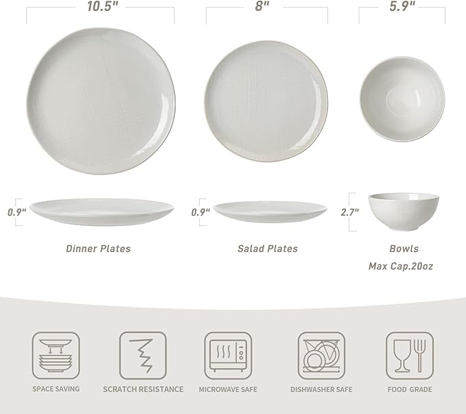Famiware Moonlight Plates and Bowls Sets, 12 Pieces Stoneware Dinnerware Sets with Linen Finish, Handmade Dishware Set for 4, Microwave and Dishwasher Safe, Chip and Scratch Resistant, White