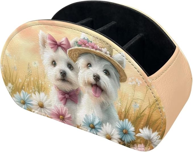 Cute Bow Dog Daisy Remote Control Holder with 5 Compartments, Office Desk Organizers Couch/TV Stand/Bedside Table Accessory Desktop Storage Caddy,for Remote,Glasses