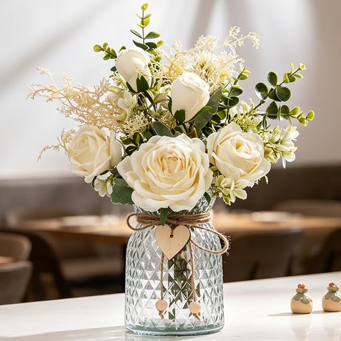 Silk Flowers with Vase, Artificial Flowers Arrangement with Glass Vase Faux Rose for Decoration Table Centerpiece (White Rose)